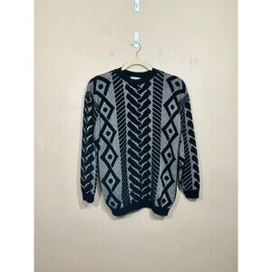 VTG Jane Adams Womens Shimmery Geometric Print Sweater OS Silver Black 80s Glam